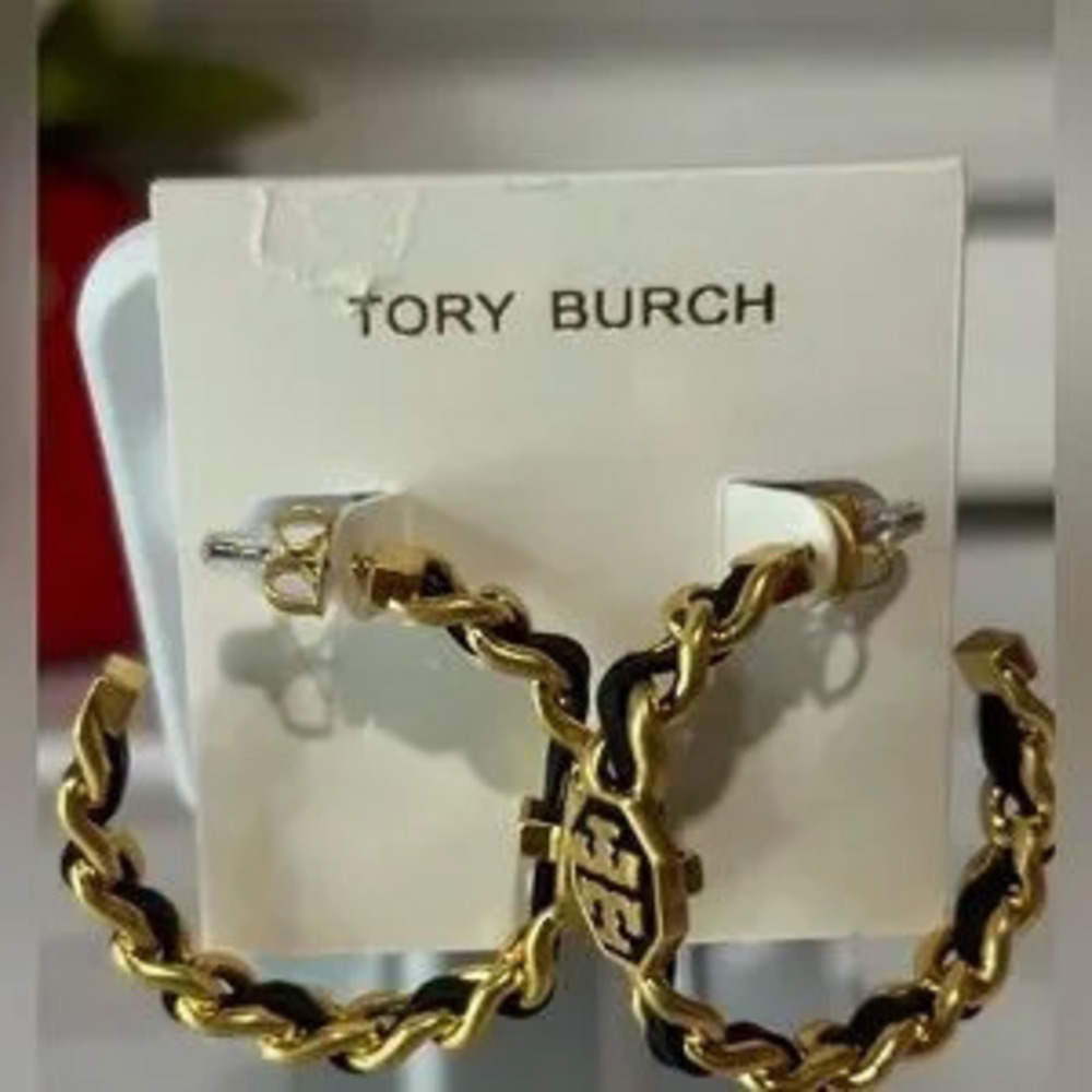 Tory Burch black and gold Marion woven hoops earrings
